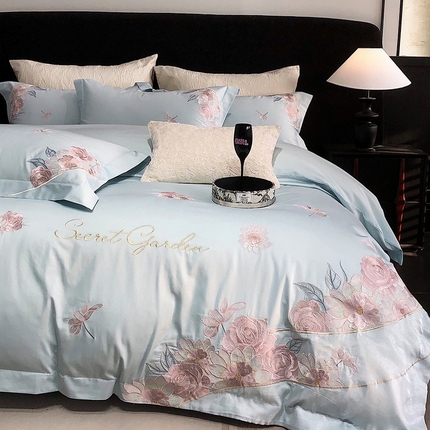 91家纺网 家纺一手货源 找家纺 2025新款高支高密全棉50s长绒棉绣花刺绣款纯棉四件套高端简奢直播礼盒装