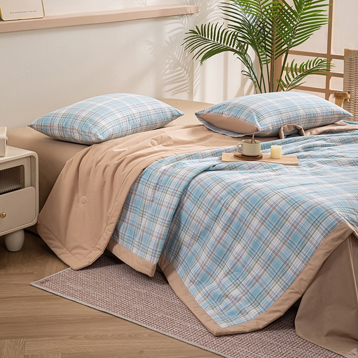 91家纺网 家纺一手货源 找家纺 吾诺 2025 全棉色织水洗棉夏被大豆夏被四件套被子被芯空调被夏凉被 晴空兰