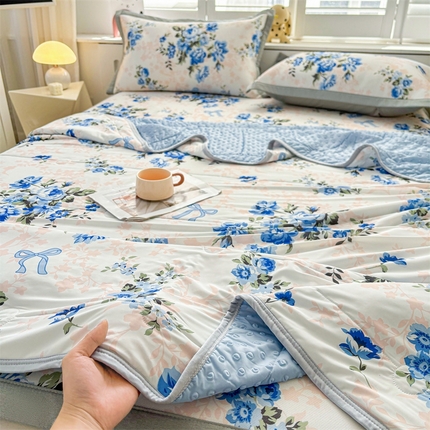 雯豆2025夏季新品冰丝碳光凉席+凉感丝印花夏被四件套卡通小清新绑带席子四件套 冰丝夏被四件套-芳华如梦