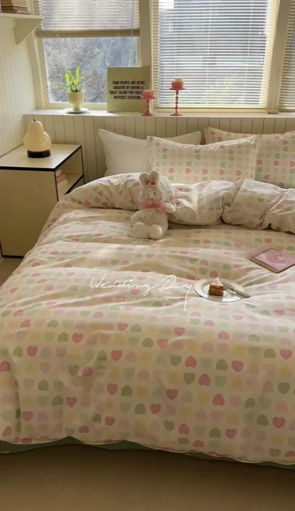 91家纺网 家纺一手货源 找家纺 麦伦家居 2025新品 全棉卡通小清新跑量款系列四件套 心心相印