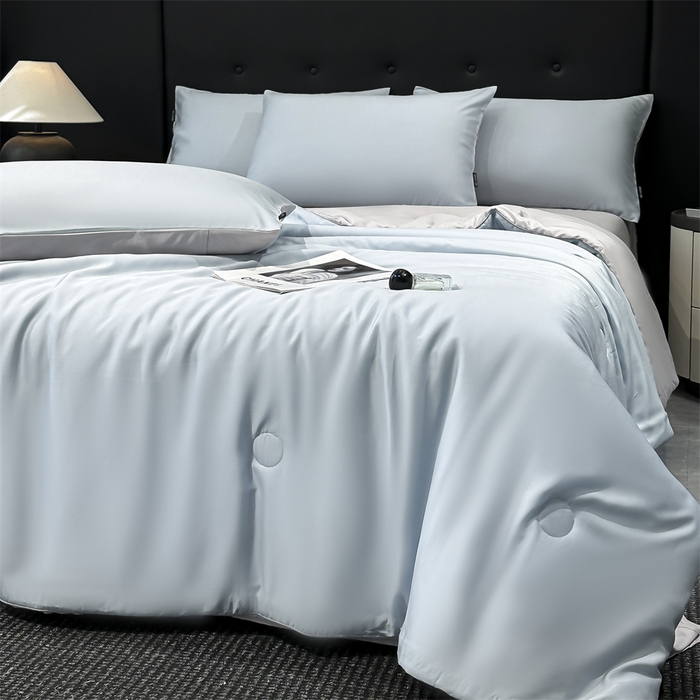 91家纺网 家纺一手货源 找家纺 金鹰 2025新款A类莱赛尔50天丝拼色空调被大豆夏被四件套 天蓝