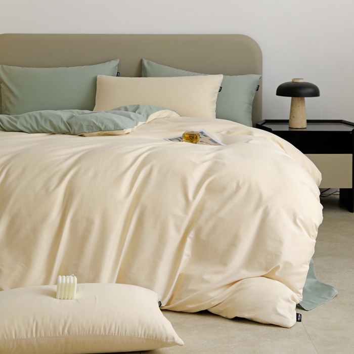 91家纺网 家纺一手货源 找家纺 2025年纯色双拼60支纯棉被套 奶白+抹茶绿