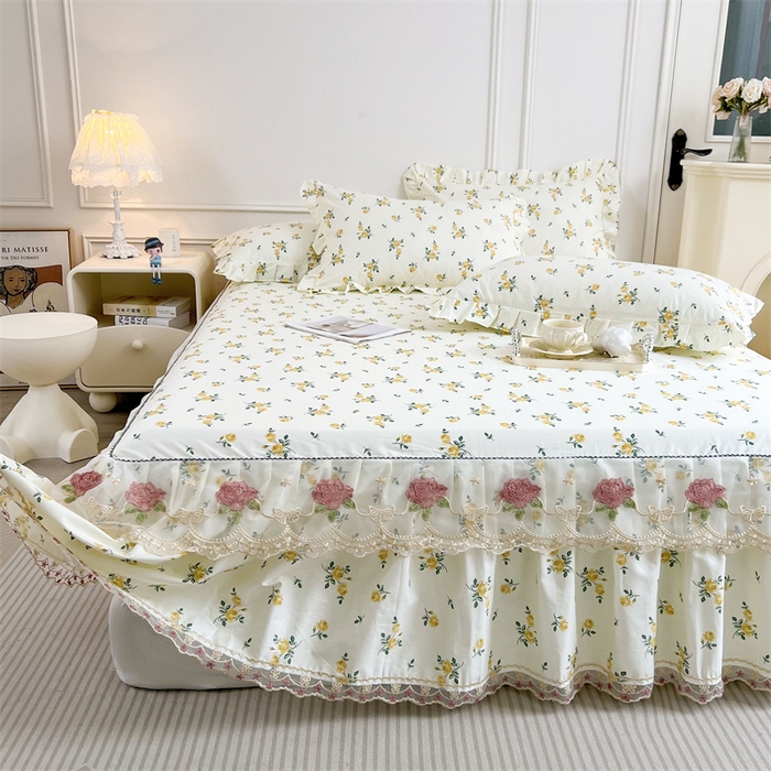 91家纺网 家纺一手货源 找家纺  十个点 2025新款全棉纯棉蕾丝花边床裙 国色天香