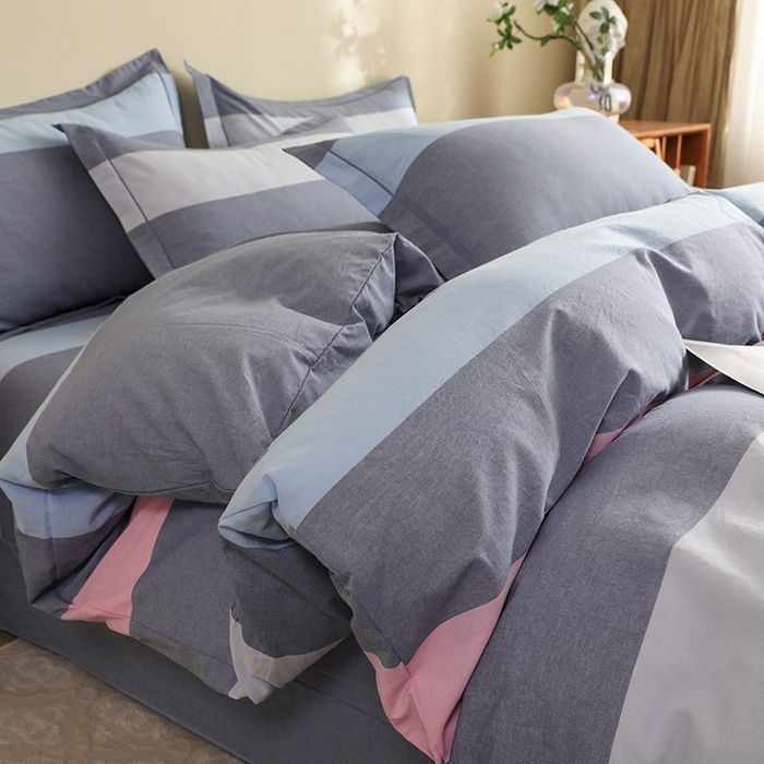 91家纺网 家纺一手货源 找家纺 木易家居 2025新款全棉色织水洗棉四件套海伦-蓝