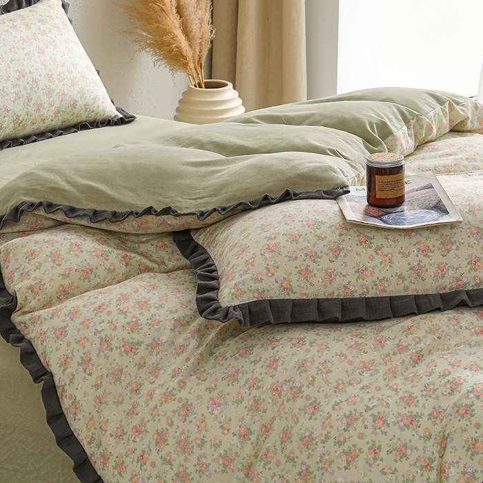 91家纺网 家纺一手货源 找家纺 2025新款A类纯棉双层纱皱皱纱花边四件套（复古风） 清逸