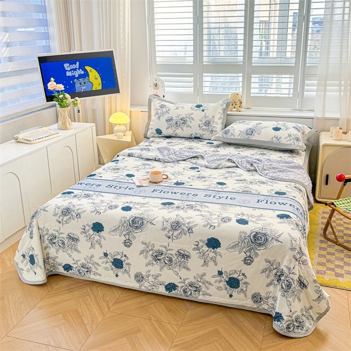 91家纺网 家纺一手货源 找家纺 雯豆2025夏季新品冰丝碳光凉席+凉感丝印花夏被四件套卡通小清新绑带席子四件套 冰丝夏被四件套-诗韵