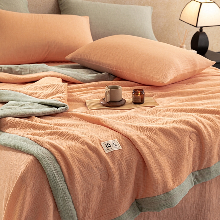 91家纺网 家纺一手货源 找家纺 吾诺 2025 纯色全棉泡泡双层纱夏被大豆夏被子被芯夏被四件套夏凉被空调被 日落桔