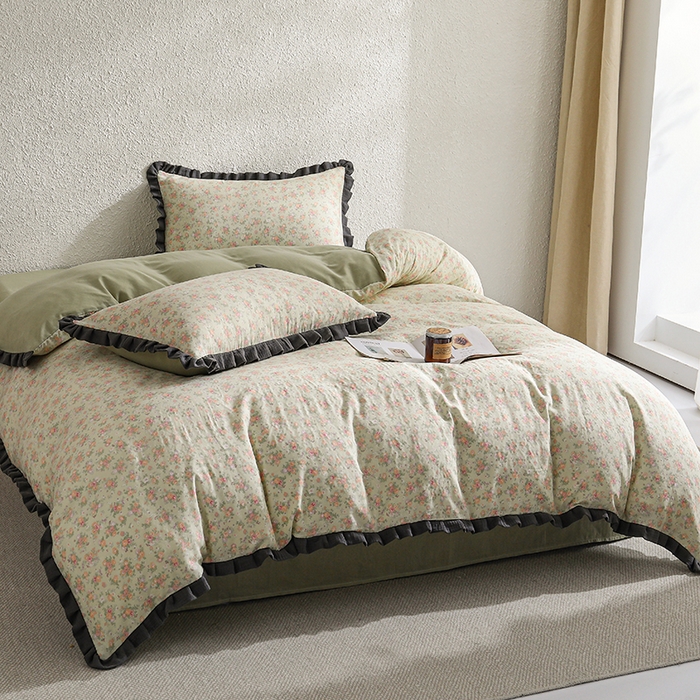 91家纺网 家纺一手货源 找家纺 2025新款A类纯棉双层纱皱皱纱花边四件套（复古风） 清逸