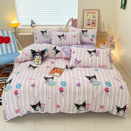 博雅 2025新款三丽鸥卡通全棉印花小版四件套 紫色条纹库洛米