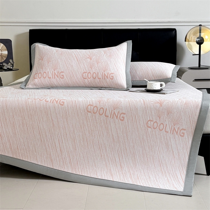 91家纺网 家纺一手货源 找家纺 雯豆2025中分子PE凉感冰丝凉席三件套平铺绑带款席子 银杏叶PE席-粉