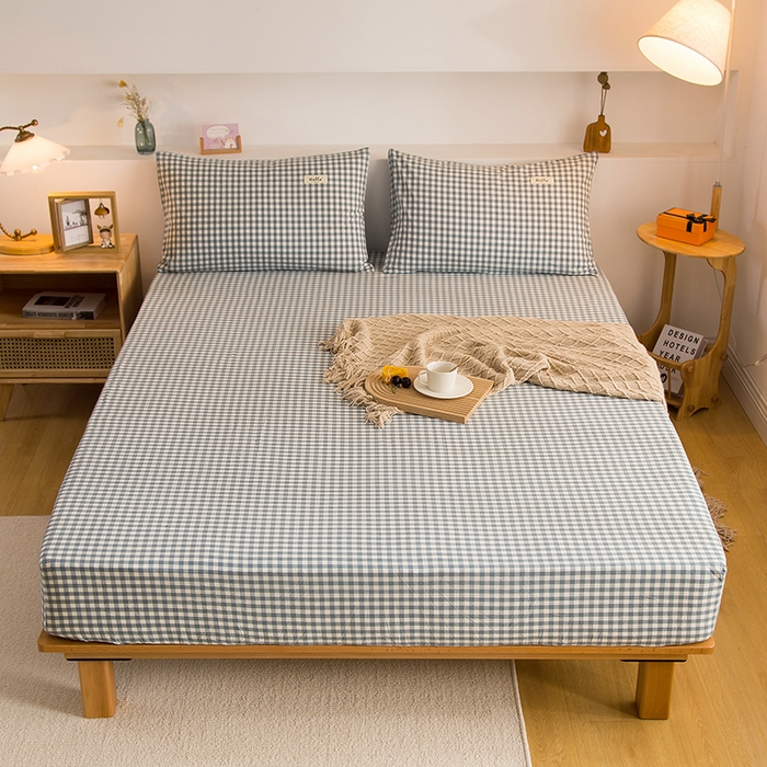 91家纺网 家纺一手货源 找家纺 柠萌家居 2025新款A类全棉色织水洗棉单床笠 浅蓝小格