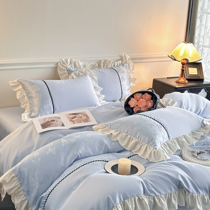 91家纺网 家纺一手货源 找家纺 米彩家纺 2025新款A类水洗真丝亮光浮雕花边四件套 天兰