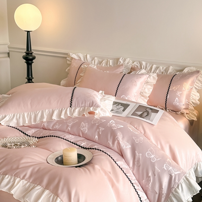 91家纺网 家纺一手货源 找家纺 米彩家纺 2025新款A类水洗真丝亮光浮雕花边四件套 粉香槟