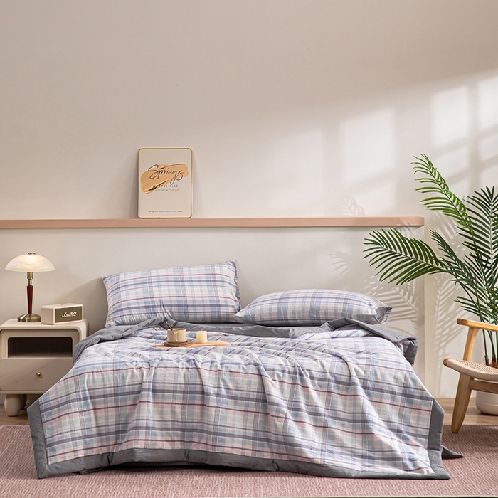 91家纺网 家纺一手货源 找家纺 吾诺 2025 全棉色织水洗棉夏被大豆夏被四件套被子被芯空调被夏凉被 兰粉格