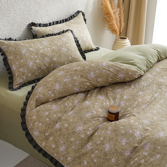 91家纺网 家纺一手货源 找家纺 2025新款A类纯棉双层纱皱皱纱花边四件套（复古风） 豆蔻