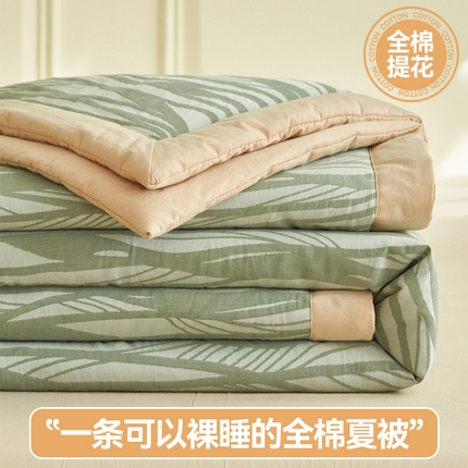 金鹰 2025新款A类纯棉提花水洗棉全棉空调被大豆夏被四件套 条纹-緑咖