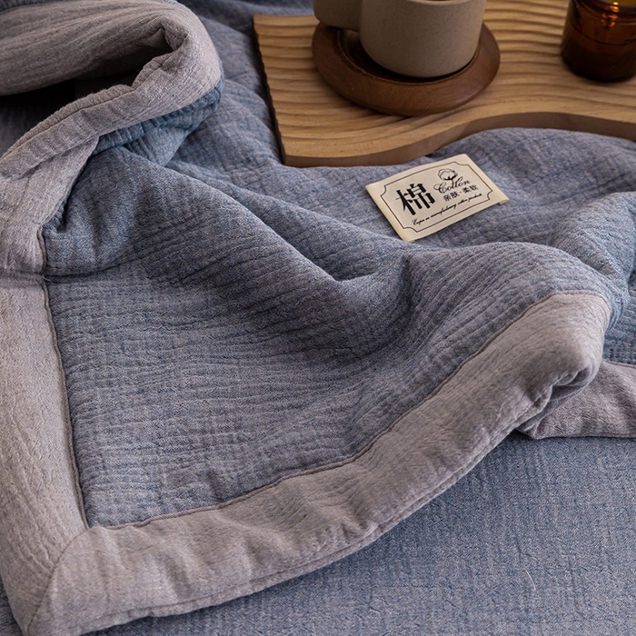 91家纺网 家纺一手货源 找家纺 吾诺 2025 纯色全棉泡泡双层纱夏被大豆夏被子被芯夏被四件套夏凉被空调被 复古蓝