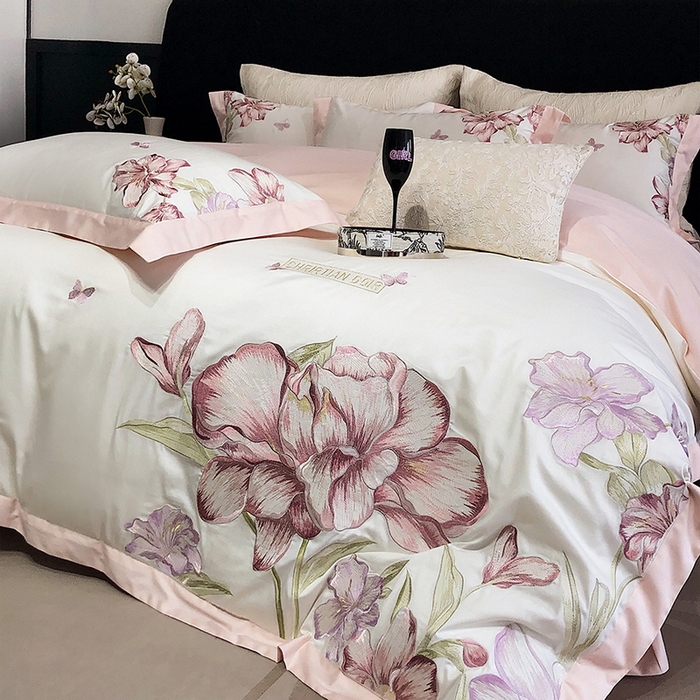 91家纺网 家纺一手货源 找家纺 2025新款全棉50s绣花刺绣款四件套 雯棠-粉