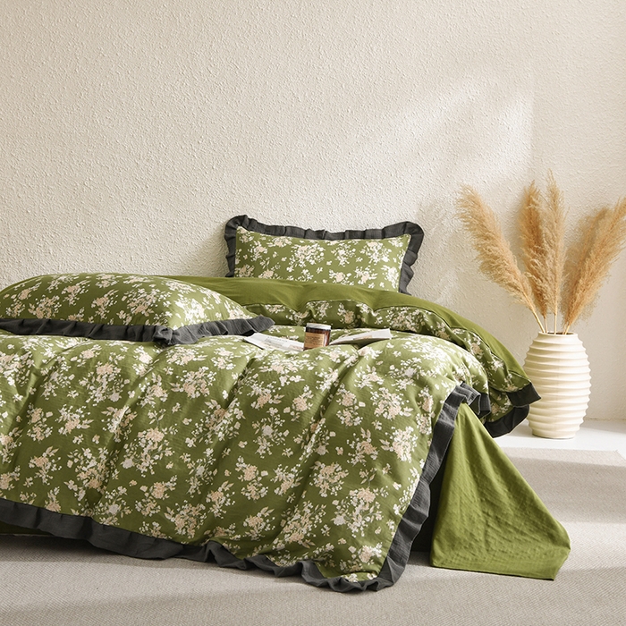 91家纺网 家纺一手货源 找家纺 2025新款A类纯棉双层纱皱皱纱花边四件套（复古风） 曼晴-牛油果绿