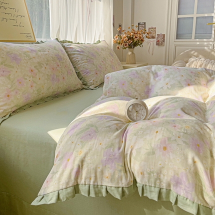 91家纺网 家纺一手货源 找家纺 忆生活家纺 2025新款全棉韩版双层纱花边款四件套 仲夏之夜