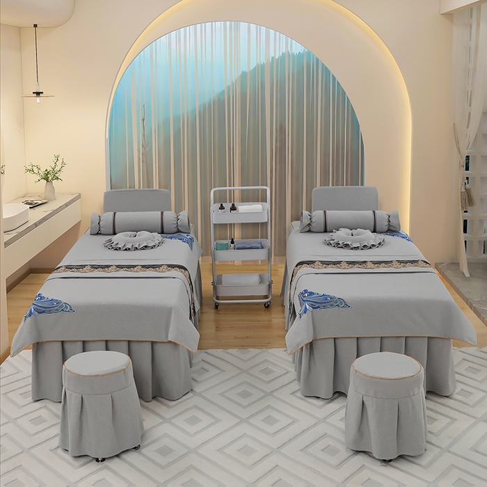 91家纺网 家纺一手货源 找家纺 芙怡 2025春夏新款8026款棉麻绒美 容床罩-角花系列 角花-灰色