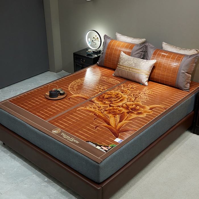 91家纺网 家纺一手货源 找家纺 苏迪凉席竹席2025新款竹席凉席冰丝席碳化双面印花藤草席 花好月圆