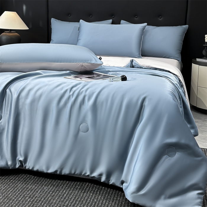 91家纺网 家纺一手货源 找家纺 金鹰 2025新款A类莱赛尔50天丝拼色空调被大豆夏被四件套 深蓝