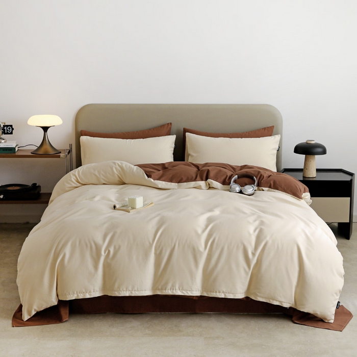 91家纺网 家纺一手货源 找家纺 2025年纯色双拼60支纯棉被套 奶白+亚麻咖