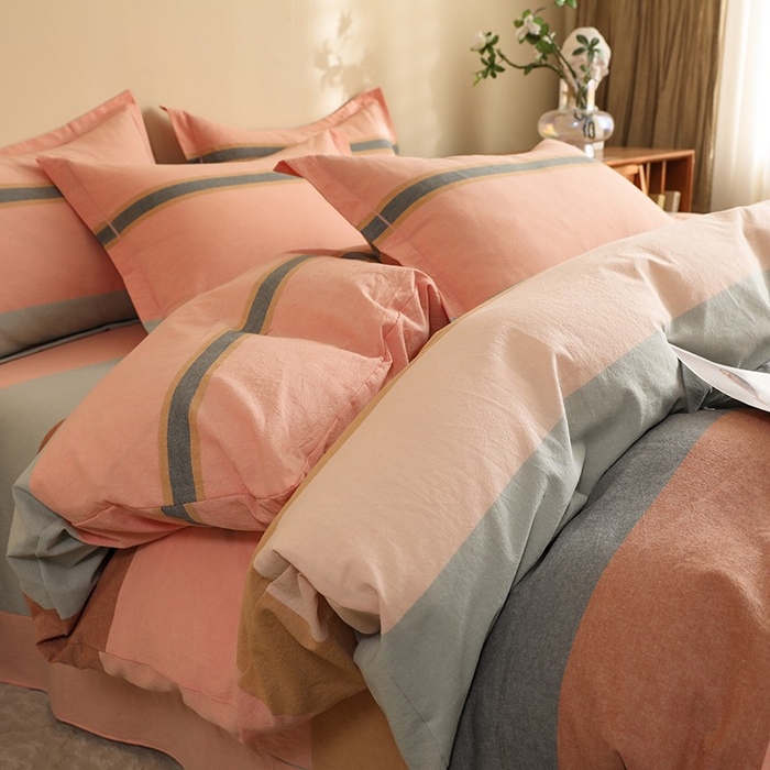 91家纺网 家纺一手货源 找家纺 木易家居 2025新款全棉色织水洗棉四件套莫兰迪-粉