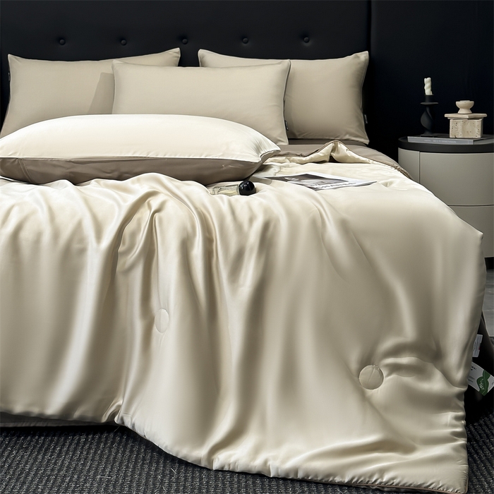 91家纺网 家纺一手货源 找家纺 金鹰 2025新款A类莱赛尔50天丝拼色空调被大豆夏被四件套 香槟金