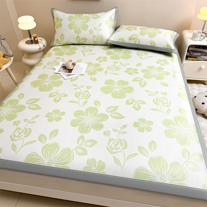 91家纺网 家纺一手货源 找家纺 雯豆2025夏季新品冰藤印花凉席三件套平铺绑带款冰丝凉席三件套 冰藤席-绑带款-伊犁花绚