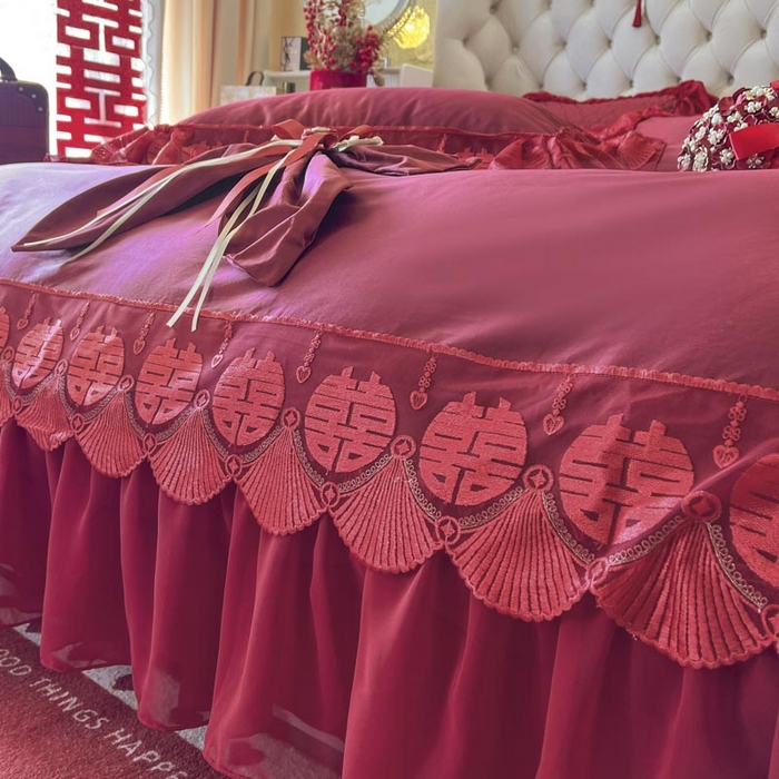 91家纺网 家纺一手货源 找家纺 （总）亲亲公主 2025新款100S全棉长绒棉蕾丝双喜大红婚庆套件（送蝴蝶结）