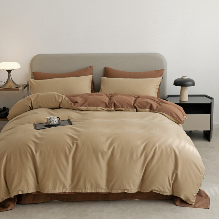 91家纺网 家纺一手货源 找家纺 2025年纯色双拼60支纯棉被套 卡其+亚麻咖