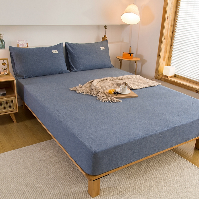 91家纺网 家纺一手货源 找家纺 柠萌家居 2025新款A类全棉色织水洗棉单床笠 牛仔蓝