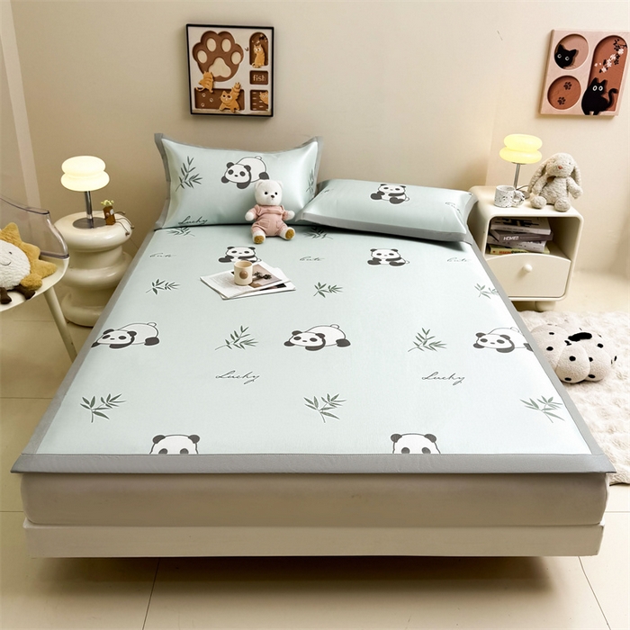 91家纺网 家纺一手货源 找家纺 雯豆2025夏季新品冰藤印花凉席三件套平铺绑带款冰丝凉席三件套 冰藤席-绑带款-熊猫花花