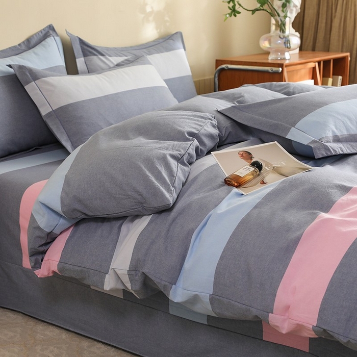 91家纺网 家纺一手货源 找家纺 木易家居 2025新款全棉色织水洗棉四件套海伦-蓝