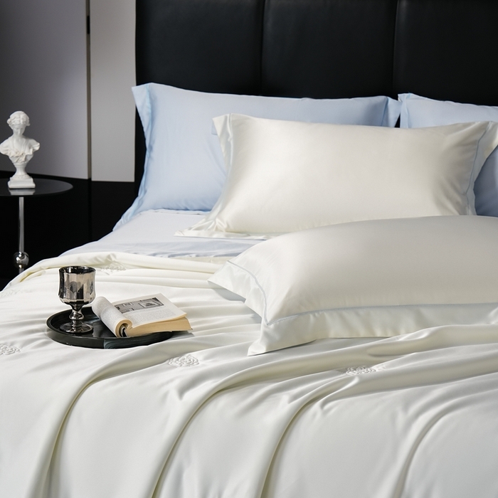 91家纺网 家纺一手货源 找家纺 丽卡家纺 2025新款凉爽鸭天丝夏被四件套 米白+水兰