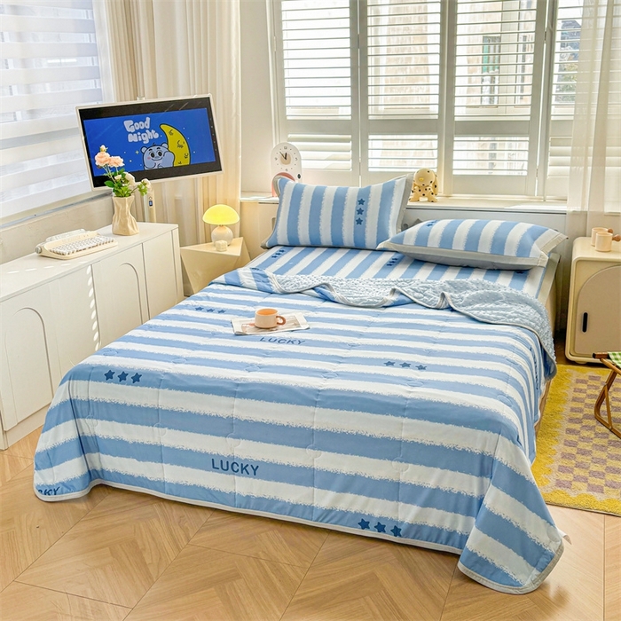 91家纺网 家纺一手货源 找家纺 雯豆2025夏季新品冰丝碳光凉席+凉感丝印花夏被四件套卡通小清新绑带席子四件套 冰丝夏被四件套-蓝色条纹