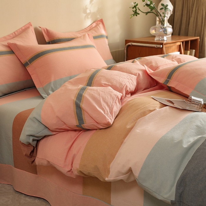 91家纺网 家纺一手货源 找家纺 木易家居 2025新款全棉色织水洗棉四件套莫兰迪-粉