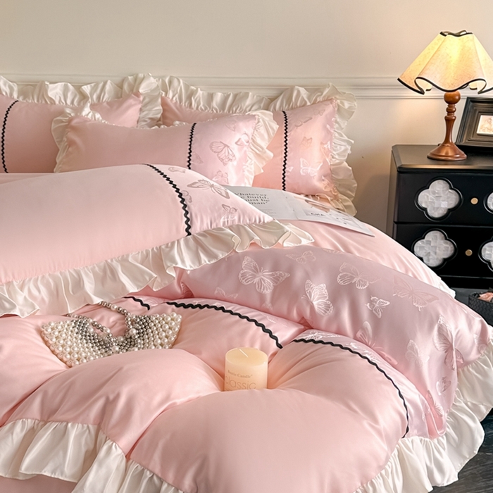 91家纺网 家纺一手货源 找家纺 米彩家纺 2025新款A类水洗真丝亮光浮雕花边四件套 粉玉