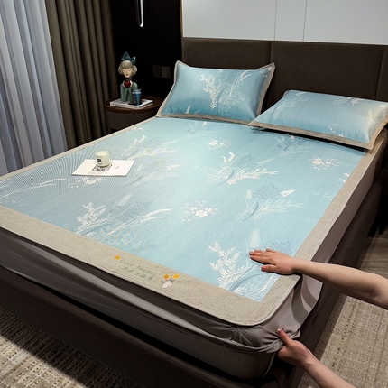 91家纺网 家纺一手货源 找家纺 （总）摩妮卡 2025新款数码印花凉席冰藤席床笠款三件套