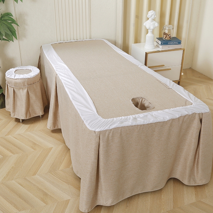 91家纺网 家纺一手货源 找家纺 芙怡 2025春夏新款8023款棉麻绒贴花美 容床罩-花漾系列 花漾-米黄