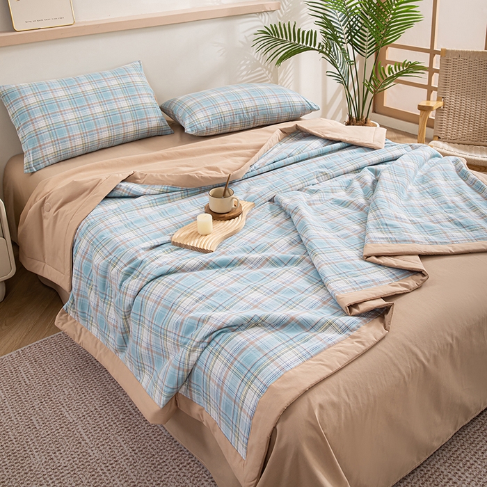 91家纺网 家纺一手货源 找家纺 吾诺 2025 全棉色织水洗棉夏被大豆夏被四件套被子被芯空调被夏凉被 晴空兰