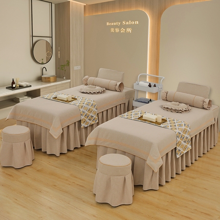 芙怡 2025春夏新款8026款棉麻绒美 容床罩-一字绣系列 一字绣-米黄