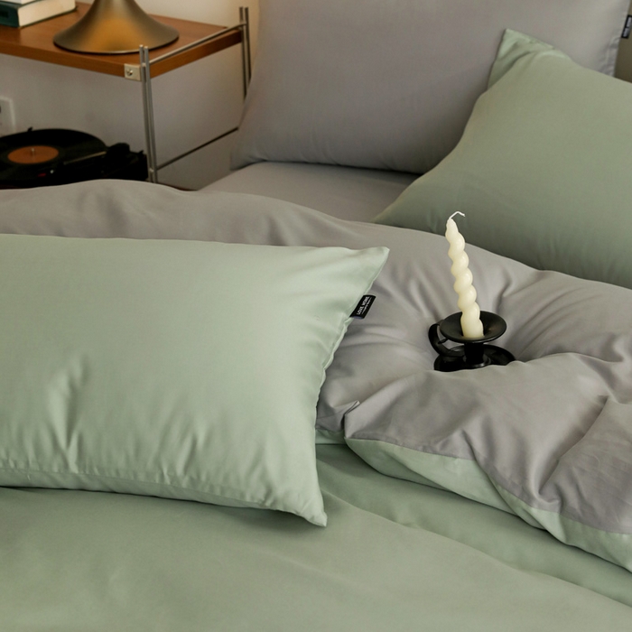 91家纺网 家纺一手货源 找家纺 2025年纯色双拼60支纯棉被套 抹茶绿+浅灰