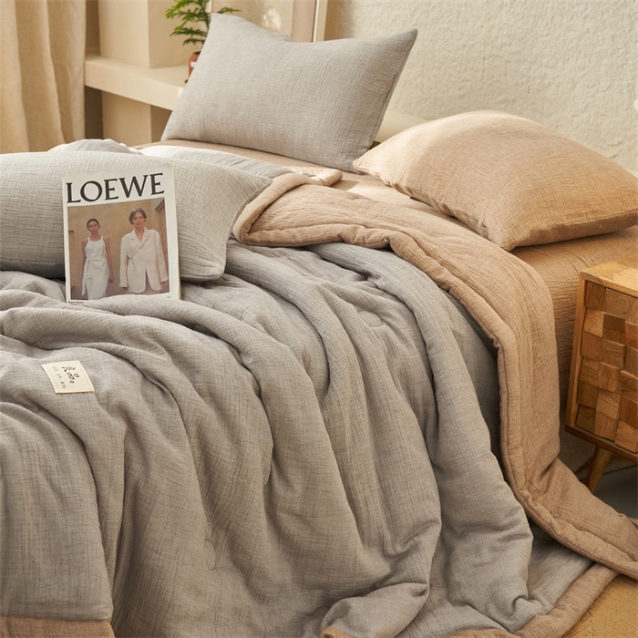 91家纺网 家纺一手货源 找家纺 金鹰2025新款A类纯棉皱皱纱大豆夏被四件套全棉夏凉被空调被 皱皱纱-浅灰