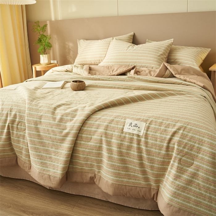 91家纺网 家纺一手货源 找家纺 金鹰 2025新款A类纯棉提花条纹水洗棉大豆全棉夏被空调被四件套 条纹-抹茶绿