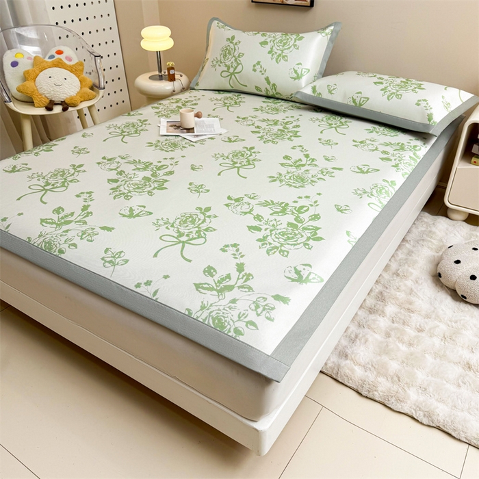 91家纺网 家纺一手货源 找家纺 雯豆2025夏季新品冰藤印花凉席三件套平铺绑带款冰丝凉席三件套 冰藤席-绑带款-青春印记