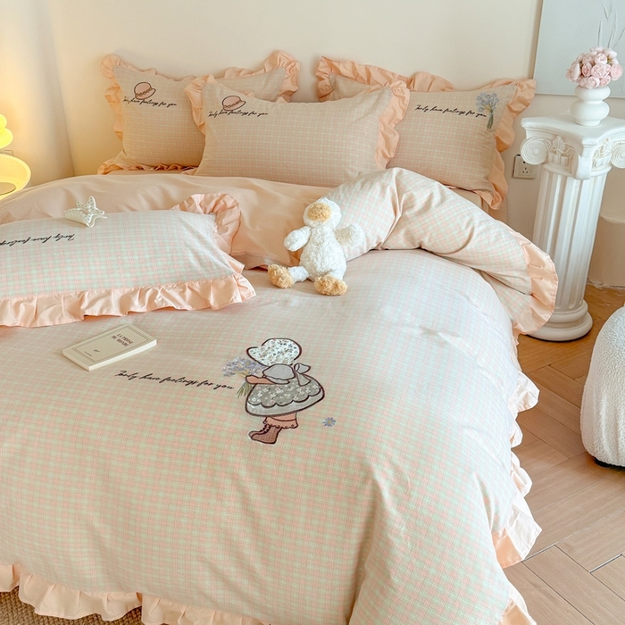 91家纺网 家纺一手货源 找家纺 蜜柚 2025新款色织水洗棉贴布花边款四件套-童趣 童趣-浅玉