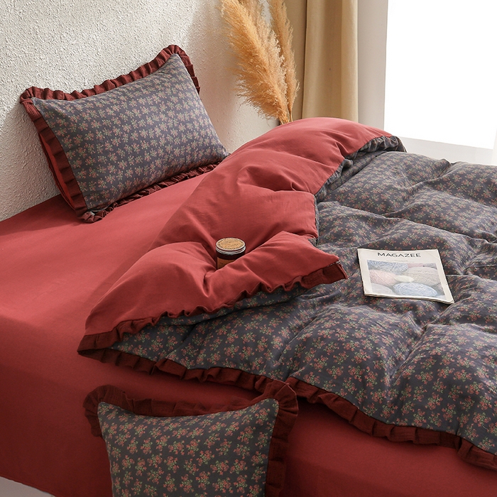 91家纺网 家纺一手货源 找家纺 2025新款A类纯棉双层纱皱皱纱花边四件套（复古风） 希语